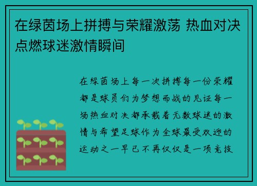 在绿茵场上拼搏与荣耀激荡 热血对决点燃球迷激情瞬间